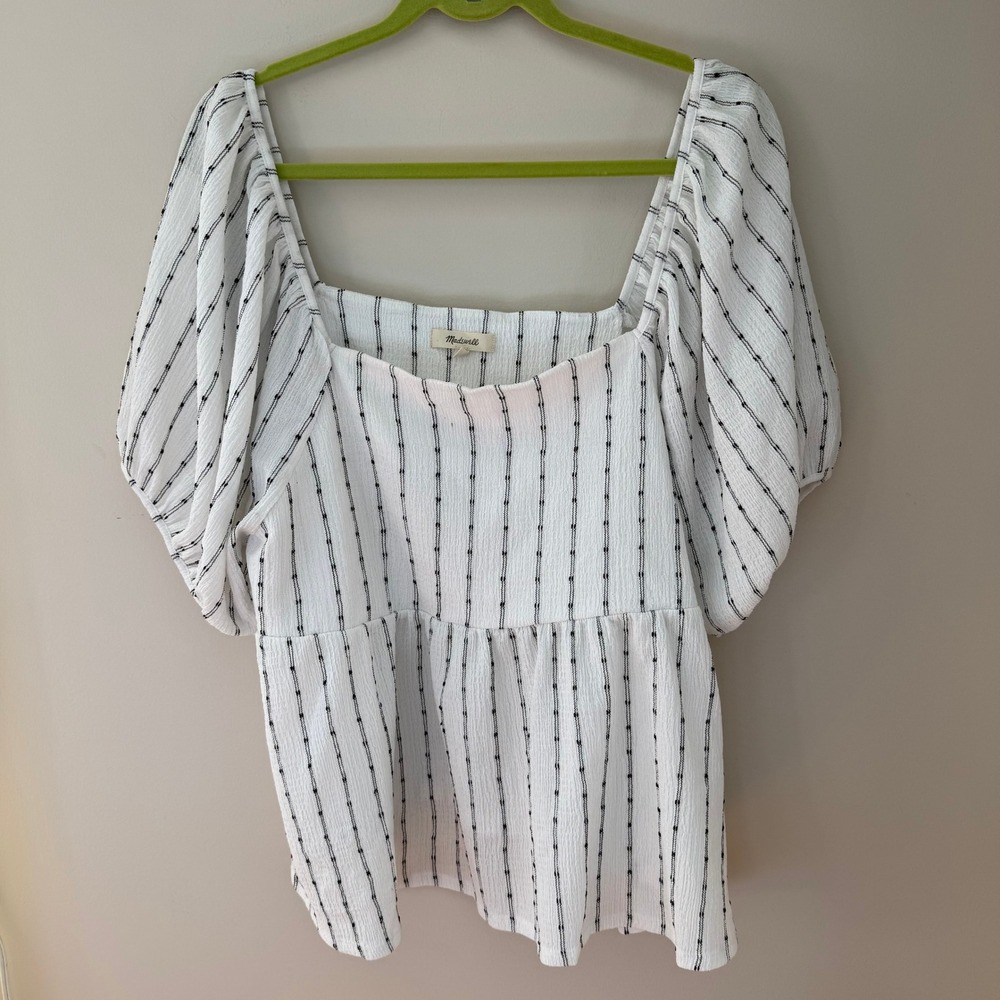 Madewell XXL White Black Striped Puff Sleeve Square Neck Babydoll Top
